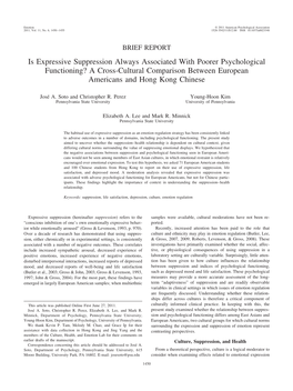 Is Expressive Suppression Always Associated with Poorer Psychological Functioning? a Cross-Cultural Comparison Between European Americans and Hong Kong Chinese