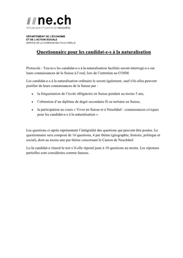 Questionnaire Pour Les Candidat-Es À La Naturalisation