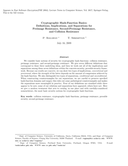 Cryptographic Hash-Function Basics: Deﬁnitions, Implications, and Separations for Preimage Resistance, Second-Preimage Resistance, and Collision Resistance