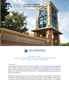 An Invitation to Apply: University of Texas at Arlington, College of Nursing and Health Innovation Director – Doctor of Nursing Practice Program