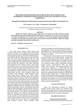Identifikasi Peptida Bioaktif Dari Olahan Susu Fermentasi Tradisional Indonesia Sebagai Bahan Pangan Fungsional Untuk Kesehatan