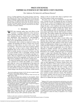 PRICE STICKINESS: EMPIRICAL EVIDENCE of the MENU COST CHANNEL Eric Anderson, Nir Jaimovich, and Duncan Simester*