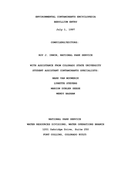 Beryllium Environmental Hazard Summary