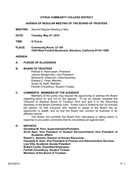 5/27/2014 P. 1 CITRUS COMMUNITY COLLEGE DISTRICT AGENDA of REGULAR MEETING of the BOARD of TRUSTEES MEETING: Second Regular Meet