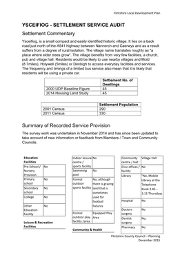 YSCEIFIOG - SETTLEMENT SERVICE AUDIT Settlement Commentary Ysceifiog, Is a Small Compact and Easily Identified Historic Village