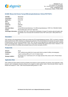 Mouse Anti Human Tyrosyl-DNA Phosphodiesterase 1(Clone:PAT1F2AT.)