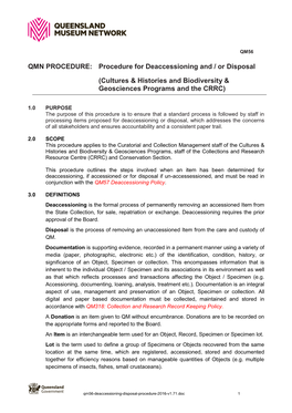 Procedure for Deaccessioning and / Or Disposal