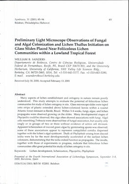 Preliminary Light Microscope Observations of Fungal and Algal Colonization and Lichen Thallus Initiation on Glass Slides Placed