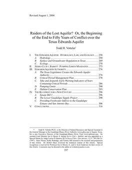 Raiders of the Lost Aquifer? Or, the Beginning of the End to Fifty Years of Conflict Over the Texas Edwards Aquifer