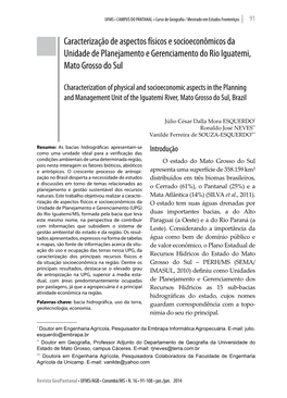 Caracterização De Aspectos Físicos E Socioeconômicos Da Unidade De Planejamento E Gerenciamento Do Rio Iguatemi, Mato Grosso Do Sul