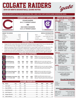 Colgate Raiders 2019-20 Men’S Basketball Game Notes