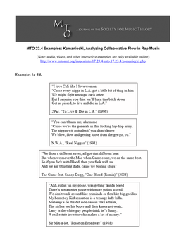 MTO 23.4 Examples: Komaniecki, Analyzing Collaborative Flow in Rap Music