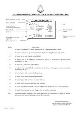 Information on the Front of the Hong Kong Identity Card