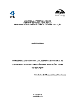 Universidade Federal De Goiás Instituto De Ciências Biológicas Programa De Pós-Graduação Em Ecologia E Evolução