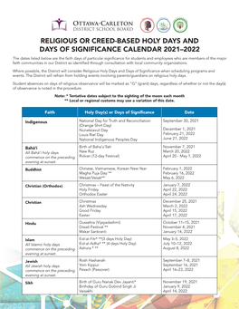 Religious Holy Days and Days of Significance Calendar