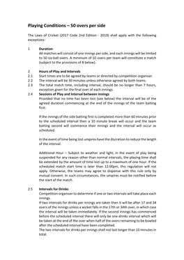 Playing Conditions – 50 Overs Per Side