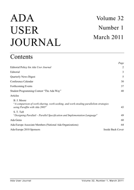 Ada User Journal 2 Editorial 3 Quarterly News Digest 5 Conference Calendar 30 Forthcoming Events 37 Student Programming Contest “The Ada Way” 40 Articles B