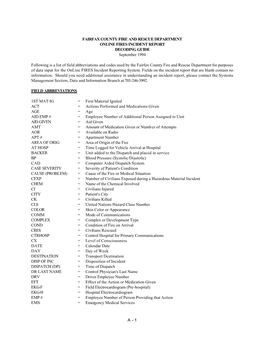 FAIRFAX COUNTY FIRE and RESCUE DEPARTMENT ONLINE FIRES INCIDENT REPORT DECODING GUIDE September 1994