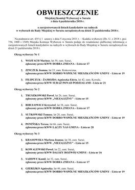 Obwieszczenie Miejskiej Komisji Wyborczej W Surażu Z Dnia 4 Października 2018 R. O Zarejestrowanych Listach Kandydatów