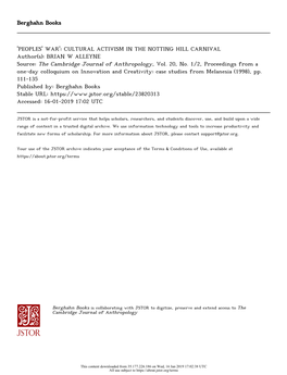 WAR': CULTURAL ACTIVISM in the NOTTING HILL CARNIVAL Author(S): BRIAN W ALLEYNE Source: the Cambridge Journal of Anthropology, Vol