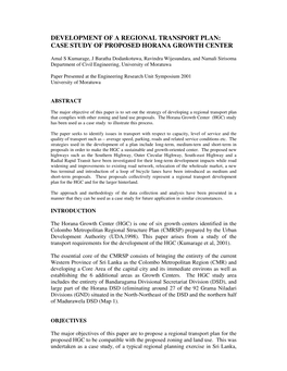 Development of a Regional Transport Plan: Case Study of Proposed Horana Growth Center