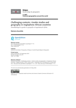 Gender Studies and Geography in Anglophone African Countries Ontwikkelingen in Gender En Geografie in Angelsaksisch Afrika