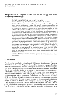 Biosystematics of Tingidae on the Basis of the Biology and Micro­ Morphology of Their Eggs*