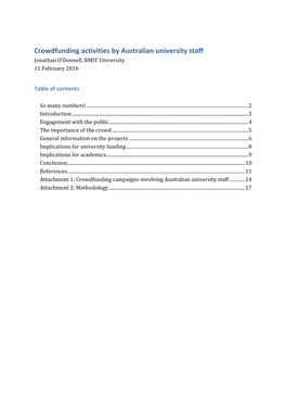 Crowdfunding Activities by Australian University Staff Jonathan O’Donnell, RMIT University 11 February 2016