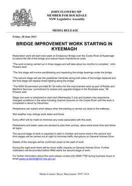 Bridge Improvement Work Starting in Kyeemagh