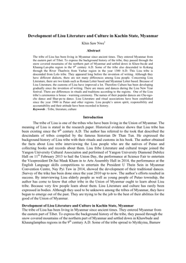 Development of Lisu Literature and Culture in Kachin State, Myanmar Khin Saw Nwe1 Abstract the Tribe of Lisu Has Been Living in Myanmar Since Ancient Times