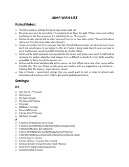 JUMP WISH-LIST Rules/Notes: Settings