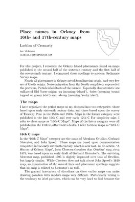 Place Names in Orkney from 16Th- and 17Th-Century Maps