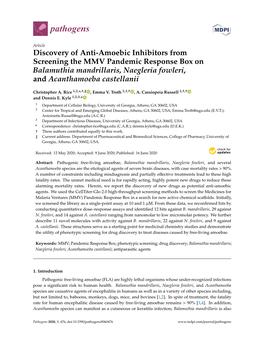 Discovery of Anti-Amoebic Inhibitors from Screening the MMV Pandemic Response Box on Balamuthia Mandrillaris, Naegleria Fowleri, and Acanthamoeba Castellanii