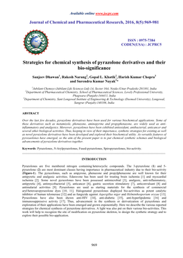 Strategies for Chemical Synthesis of Pyrazolone Derivatives and Their Bio-Significance