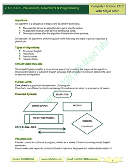 Pseudocode, Flowcharts & Programming