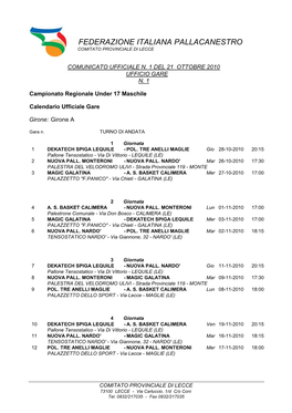 Federazione Italiana Pallacanestro Comitato Provinciale Di Lecce