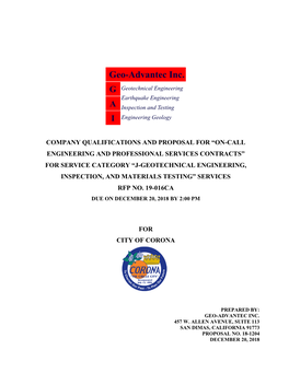 Geo-Advantec Inc. Geotechnical Engineering G Earthquake Engineering a Inspection and Testing I Engineering Geology