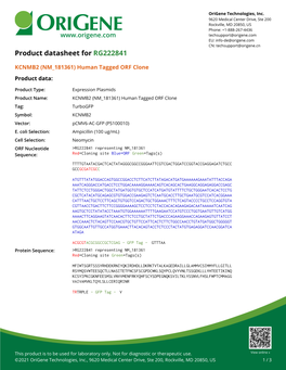 KCNMB2 (NM 181361) Human Tagged ORF Clone Product Data