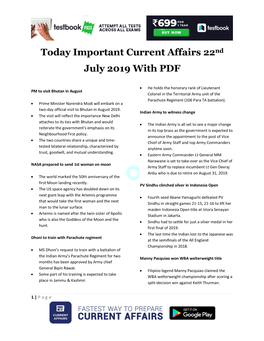 Today Important Current Affairs 22Nd July 2019 with PDF