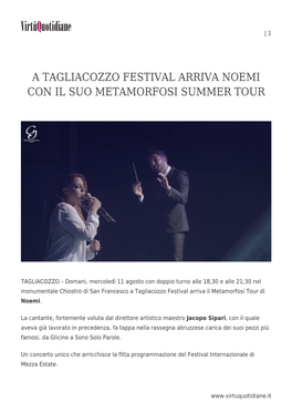 A Tagliacozzo Festival Arriva Noemi Con Il Suo Metamorfosi Summer Tour
