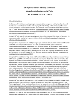 Off-Highway Vehicle Advisory Committee Massachusetts Environmental Police OHV Accidents 1-1-15 to 12-31-15