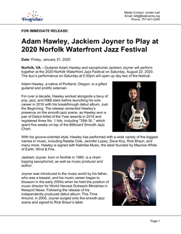 Adam Hawley, Jackiem Joyner to Play at 2020 Norfolk Waterfront Jazz Festival