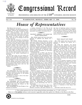 Congressional Record United States Th of America PROCEEDINGS and DEBATES of the 110 CONGRESS, SECOND SESSION