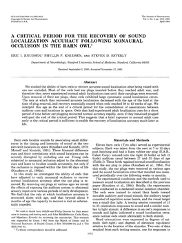 A Critical Period for the Recovery of Sound Localization Accuracy Following Monaural Occlusion in the Barn Owl’