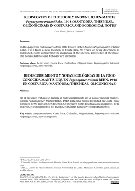 REDISCOVERY of the POORLY KNOWN LICHEN-MANTIS Pogonogaster Tristani Rehn, 1918 (MANTODEA: THESPIDAE, OLIGONICINAE) in COSTA RICA and ECOLOGICAL NOTES*