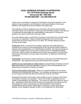 COAL HARBOUR HOUSING CO-OPERATIVE 101-1515 West Hastings Street Vancouver BC V6G 3G6 Ph 604-669-4567 Fax 604-669-4130