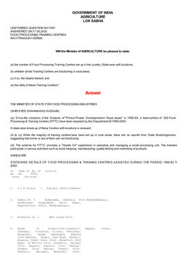 Answered On:17.05.2000 Food Processing Training Centres Ravi Prakash Verma