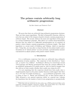 The Primes Contain Arbitrarily Long Arithmetic Progressions