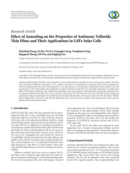 Effect of Annealing on the Properties of Antimony Telluride Thin Films and Their Applications in Cdte Solar Cells