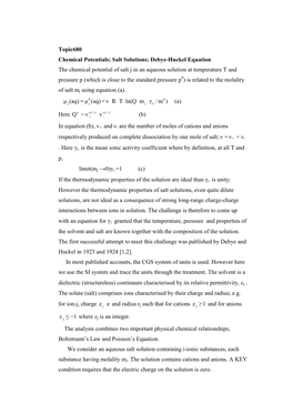 Chemical Potentials: Salt Solutions: Debye-Huckel Equation